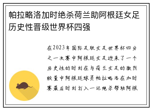 帕拉略洛加时绝杀荷兰助阿根廷女足历史性晋级世界杯四强